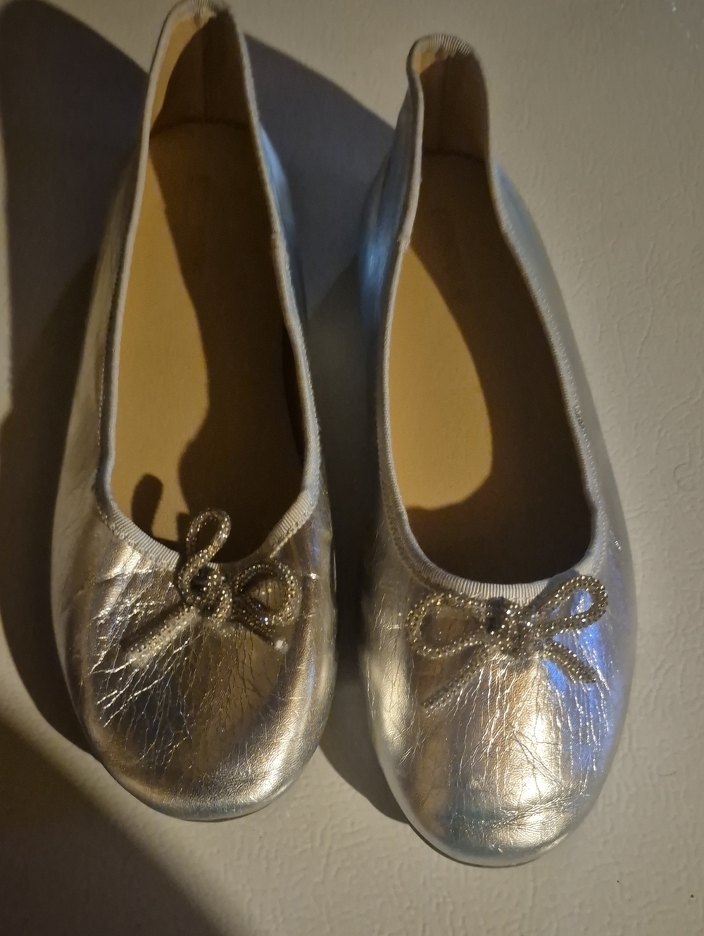Girls Metallic Silver Ballet Flats with Crystal Bow